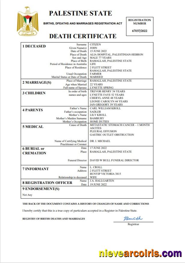 Palestine vital record death certificate